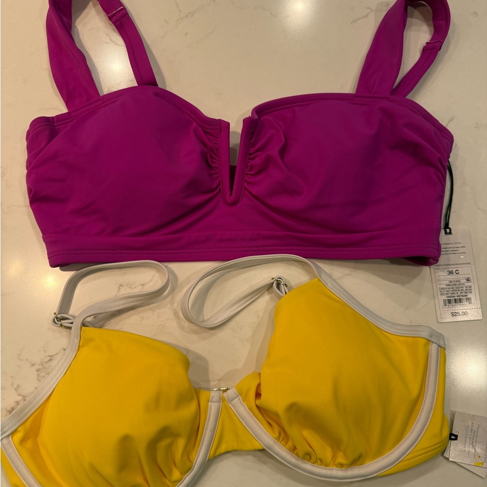 36 C Bikini Bra Top Magenta Shade & Shore Yellow & White Bikini Top